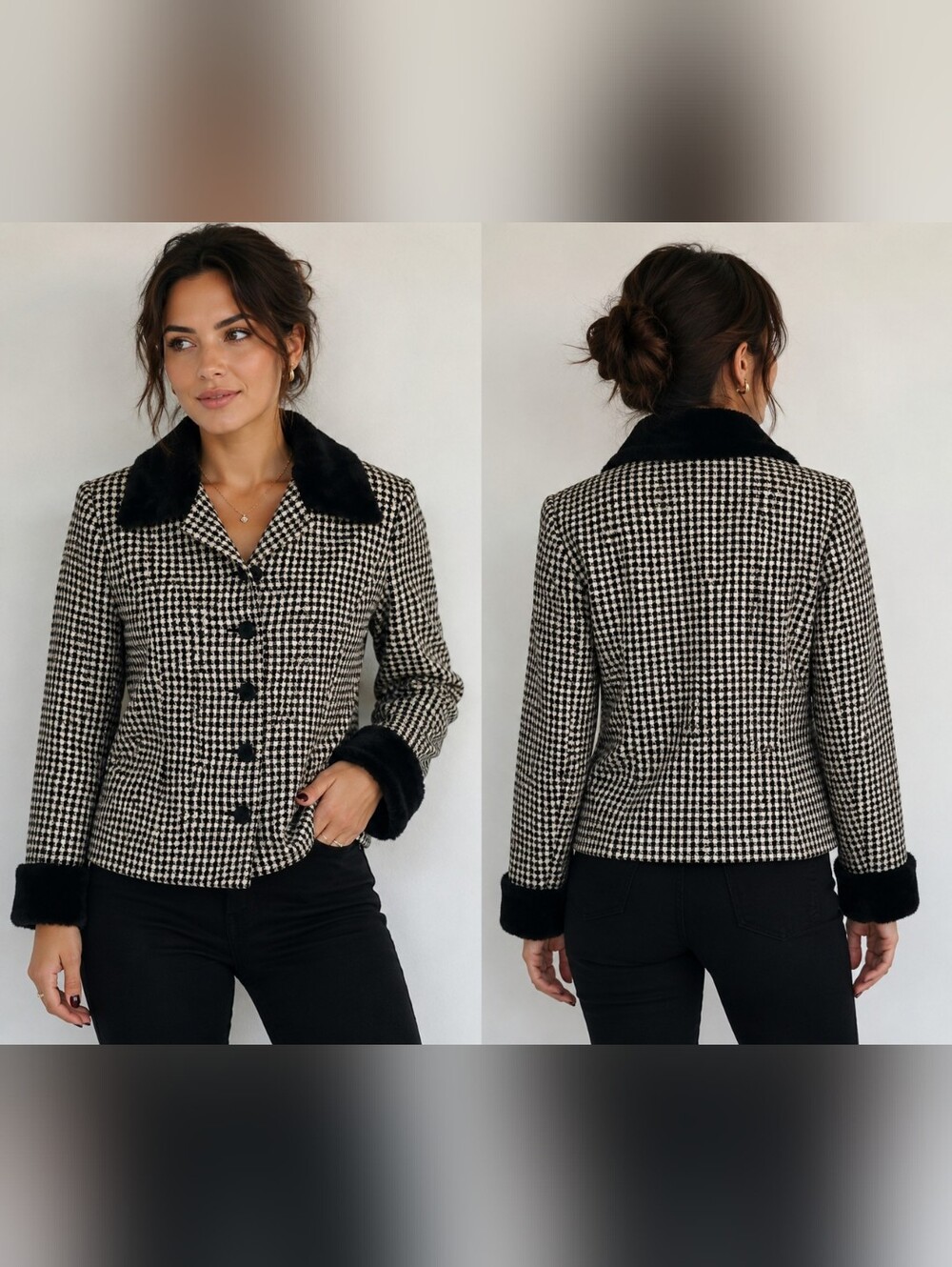 Vintage Don Caster Black & White Houndstooth Wool Jacket Blazer Faux Fur Trim 6
